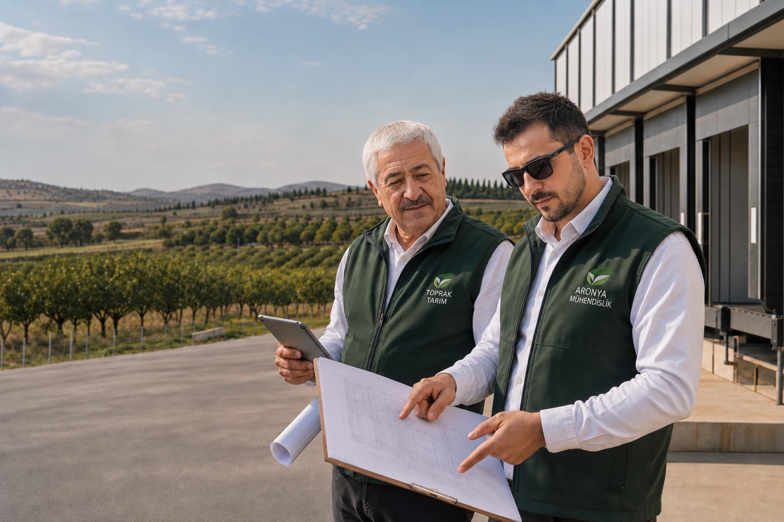 A. Nadir Birgül ve Volkan Birgül tarımsal yatırım projesini sahada incelerken